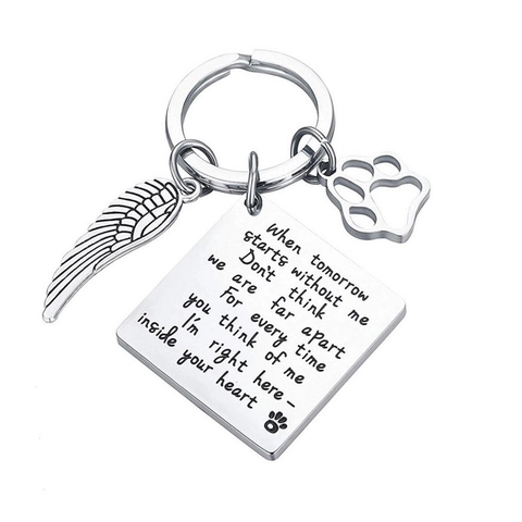 Stainless Steel Pet Memorial Keychain Engraved Poem Angel Wing Paw Print Pendant Key Ring Sympathy Gift For Pet Loss