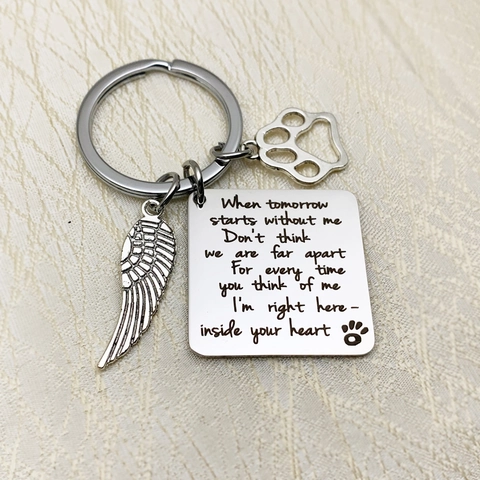 Stainless Steel Pet Memorial Keychain Engraved Poem Angel Wing Paw Print Pendant Key Ring Sympathy Gift For Pet Loss