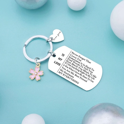 To My Love Edelstahl Schlüsselanhänger Gravierte Buchstaben Erkennungsmarke Herz Rosa Emaille Kirschblüte Anhänger Geschenk Für Sie