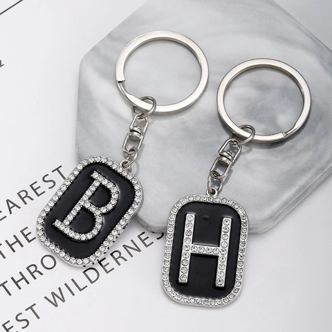 Hip Hop Alphabet Keychain Zinc Alloy Rhinestone Letter Pendant Square Plate Bag Charm Fashion Jewelry Keychain For Unisex Gift