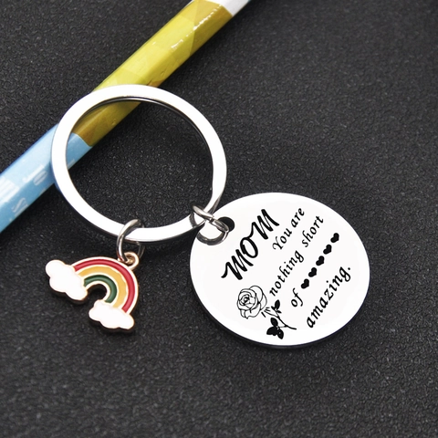 Stainless Steel MOM Rose Engraved Round Plate Keychain Rainbow Pendant Accessories For Mother Day Gift Jewelry For Women