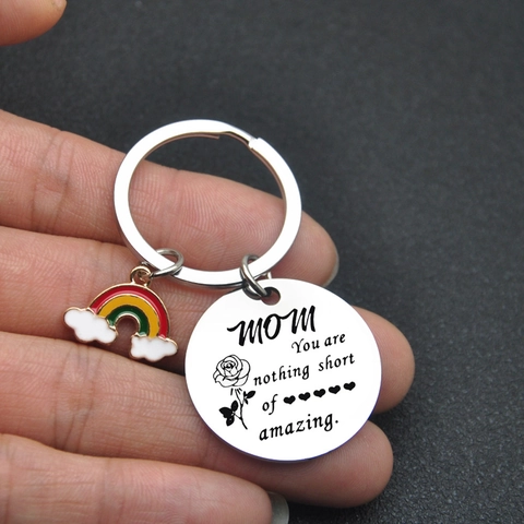 Stainless Steel MOM Rose Engraved Round Plate Keychain Rainbow Pendant Accessories For Mother Day Gift Jewelry For Women