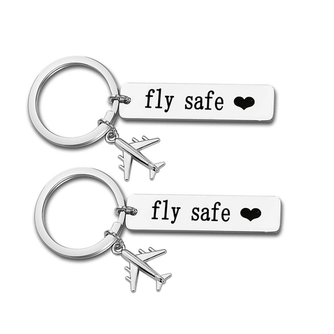 Llavero de Avión de Acero Inoxidable Con Etiqueta Rectangular Grabada Fly Safe Corazón Regalo de Viaje Aviación para Parejas
