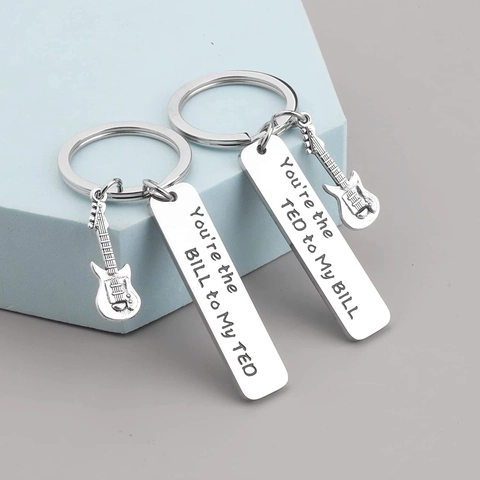 Stainless Steel Guitar Tag Keychain Couple Friend Gift Silver Musical Instrument Bag Charm Key Ring Decorative Pendant