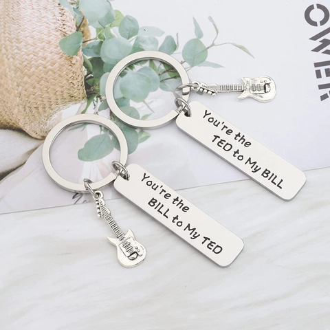 Stainless Steel Guitar Tag Keychain Couple Friend Gift Silver Musical Instrument Bag Charm Key Ring Decorative Pendant