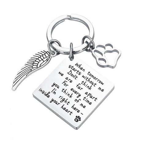 Stainless Steel Pet Memorial Keychain Engraved Poem Angel Wing Paw Print Pendant Key Ring Sympathy Gift For Pet Loss