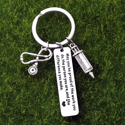 Stainless Steel Medical Keychain With Stethoscope Syringe Charms Inspirational Nurse Doctor Medical Student Appreciation Gift
