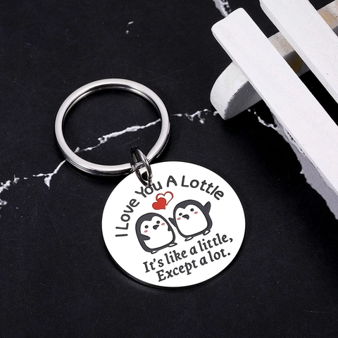 Portachiavi in Acciaio Inossidabile Con Pinguino e Cuore Incisione I Love You A Lottle Regalo Per Coppie Anniversario