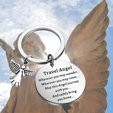 Reiseengel Schlüsselanhänger Edelstahl Gravierter Segen Runder Anhänger Engel Anhänger Silber Metallic Schlüsselring Taschenanhänger
