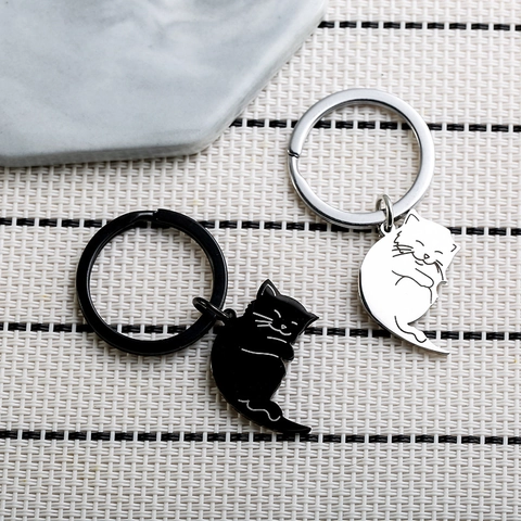 Cute Stainless Steel Yin Yang Cat Keychain Set For Couples Black White Cartoon Animal Pendant Key Ring Friendship Gift