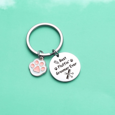 Best Fluffin' Groomer Ever Stainless Steel Keychain With Cute Pink Paw Print Charm Pet Groomer Professional Tool Pendant Jewelry Gift For Women