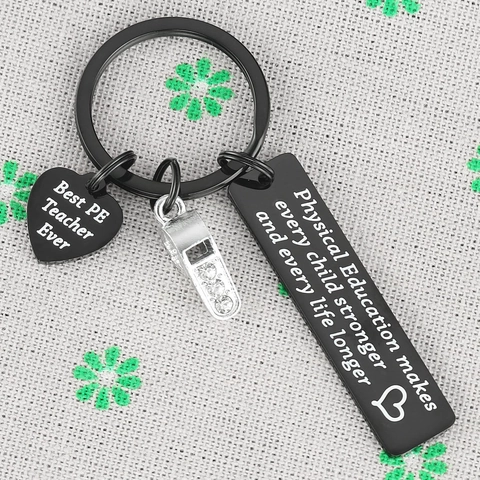Porte-clés Cadeau de Remerciement pour Professeur d'EPS en Acier Inoxydable Avec Sifflet Cœur et Pendentif Rectangle Gravé