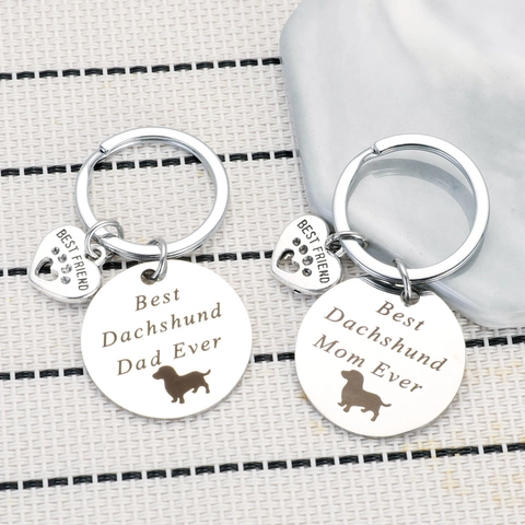 Best Dachshund Dad Mom Ever Stainless Steel Keychain Engraved Heart Tag Pendant Silver Metal Pet Lover Gift Keyring