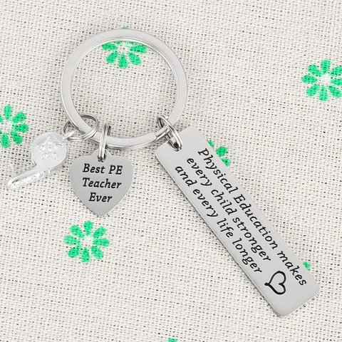 Porte-clés Cadeau de Remerciement pour Professeur d'EPS en Acier Inoxydable Avec Sifflet Cœur et Pendentif Rectangle Gravé