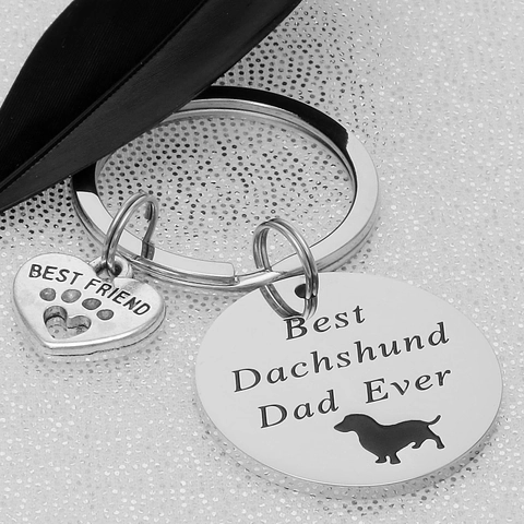 Best Dachshund Dad Mom Ever Stainless Steel Keychain Engraved Heart Tag Pendant Silver Metal Pet Lover Gift Keyring