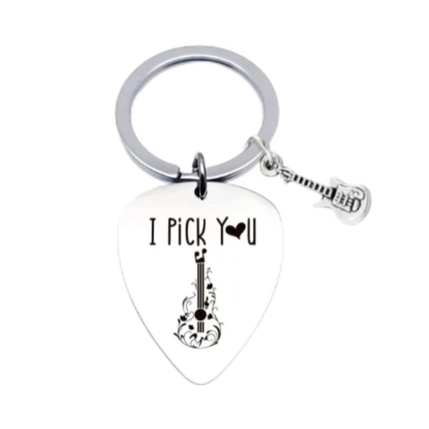 Stainless Steel Guitar Pick Keychain With Mini Guitar Charm I Pick You Engraved Musical Keyring For Couples Music Lovers Gift