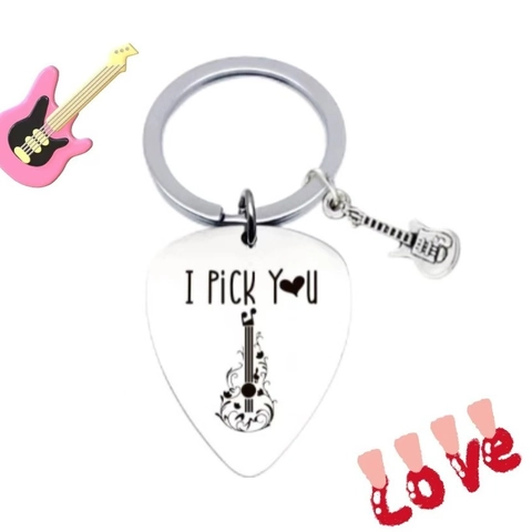 Stainless Steel Guitar Pick Keychain With Mini Guitar Charm I Pick You Engraved Musical Keyring For Couples Music Lovers Gift