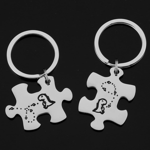 Dinosauriër Puzzel Roestvrij Stalen Sleutelhanger Stel Cadeau Voor Vrienden Schattig Gegraveerd Puzzelstukje Sleutelhanger
