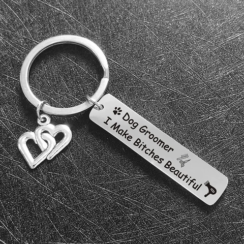 Dog Groomer Stainless Steel Keychain Funny Pet Stylist Engraved Metal Keyring Bag Charm Heart Pendant Gift For Dog Lovers
