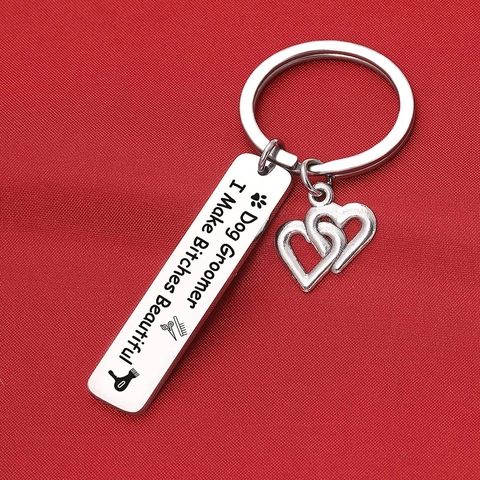 Dog Groomer Stainless Steel Keychain Funny Pet Stylist Engraved Metal Keyring Bag Charm Heart Pendant Gift For Dog Lovers