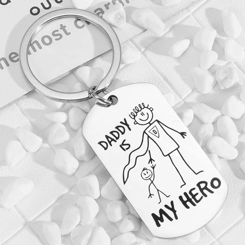 Portachiavi Inciso in Acciaio Inossidabile Regalo Festa del Papà Daddy Is My Hero Dog Tag Metallo Lucidato per Papà Uomo Gioielli