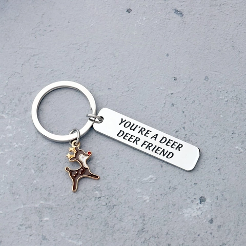 Portachiavi in Acciaio Inossidabile con Renna Cartone Animato Piastrina Incisa Deer Friend per Donna Ciondolo Zaino Regalo Amicizia