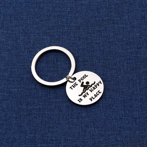 The Pool Is My Happy Place Stainless Steel Keychain Swimming Theme Round Pendant Metal Key Ring Swimmer Gift