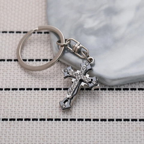 Llavero de Cruz Empalmada de Triple Capa de Aleación de Zinc Vintage Colgante Incrustado de Strass Joyería Religiosa de Plata Regalo