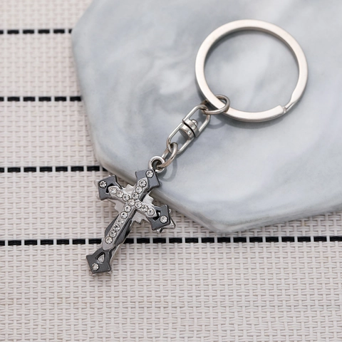 Llavero de Cruz Empalmada de Triple Capa de Aleación de Zinc Vintage Colgante Incrustado de Strass Joyería Religiosa de Plata Regalo