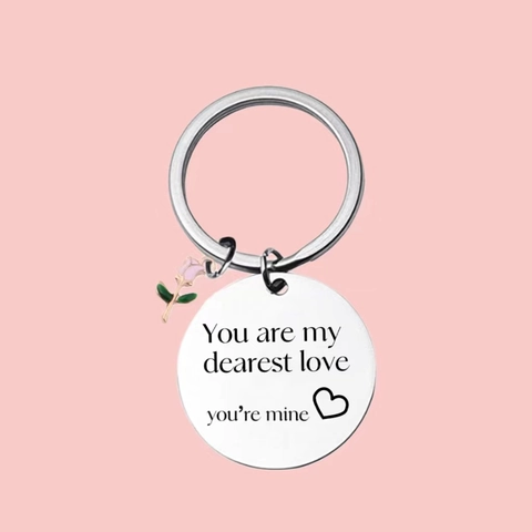 Stainless Steel Keychain Engraved Lettering You Are My Dearest Love Pink Rose Charm Heart Pendant Keyring Couple Valentine Day Gift