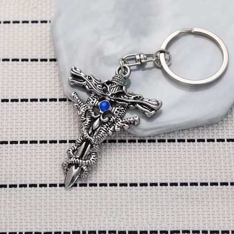 Vintage Europese Stijl Dubbele Draak Zwaard Blauwe Strass Sleutelhanger Gotisch Kruis Metalen Hanger Rugzak Accessoires