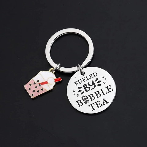 Porte-clés en Acier Inoxydable Thé au Lait Boba pour Femme Fueled By Bubble Tea Pendentif en Émail Bijoux Cadeau