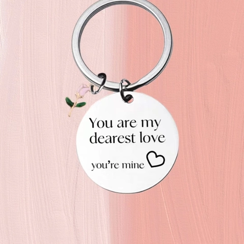 Stainless Steel Keychain Engraved Lettering You Are My Dearest Love Pink Rose Charm Heart Pendant Keyring Couple Valentine Day Gift