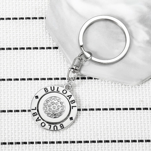 Rotatable Round Metal Keychain With White Rhinestone Engraved Letter Alloy Keyring For Women Fashion Bag Pendant Accessories