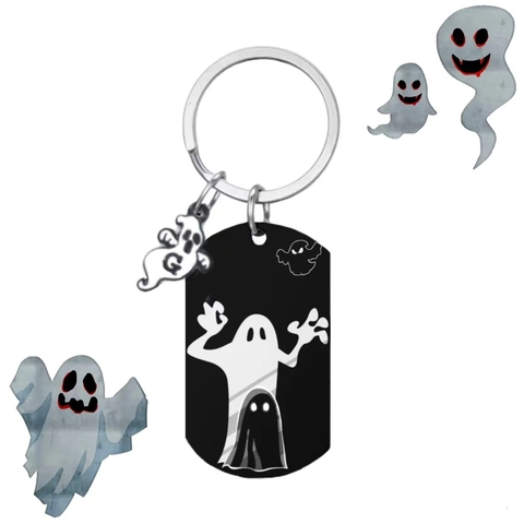 Llavero con Colgante de Fantasma de Halloween Placa de Acero Inoxidable Adorno de Mochila Regalo de Fiesta de Halloween para Hombre Mujer