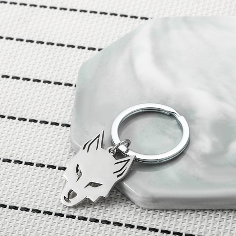 Minimalistisch Roestvrij Staal Wolfskop Sleutelhanger Voor Heren Dames Geometrisch Dier Hanger Auto Sleutelring Sieraden Cadeau