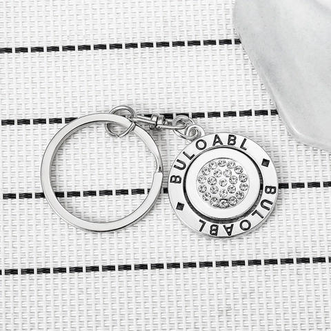 Rotatable Round Metal Keychain With White Rhinestone Engraved Letter Alloy Keyring For Women Fashion Bag Pendant Accessories