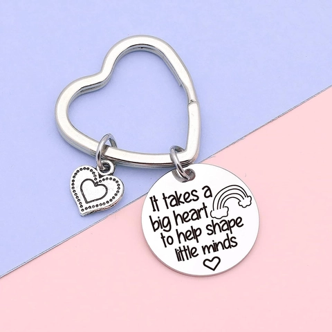 Stainless Steel Heart Keychain Teacher Appreciation Gift Engraved Key Ring Rainbow Pendant Graduation Jewelry Accessory