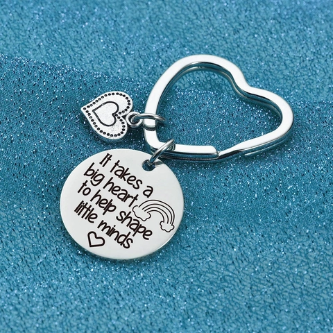 Stainless Steel Heart Keychain Teacher Appreciation Gift Engraved Key Ring Rainbow Pendant Graduation Jewelry Accessory