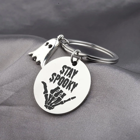 Stay Spooky Halloween Keychain Stainless Steel Skeleton Hand Ghost Pendant Gothic Jewelry Gift For Men Women Accessory