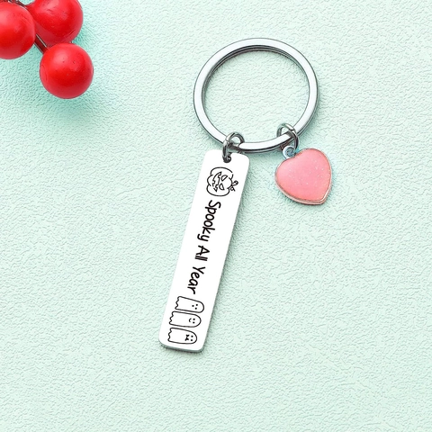 Spooky All Year Stainless Steel Keychain With Pink Glitter Heart Halloween Pumpkin Ghost Pendant Creative Cartoon Metal Keyring Gift