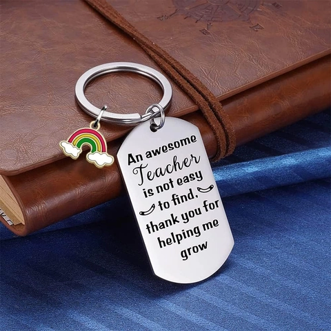 Teacher Appreciation Keychain Stainless Steel Rainbow Charm Engraved Message Gift For Awesome Teacher Metal Keyring Back To School