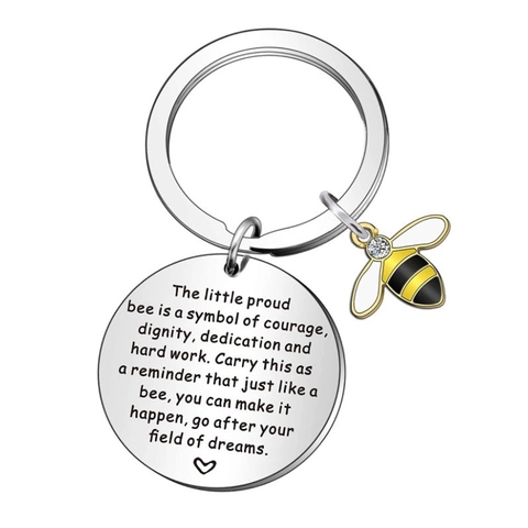 Stainless Steel Bee Keychain Engraved Inspirational Quote Rhinestone Heart Charm Teacher Appreciation Graduation Gift