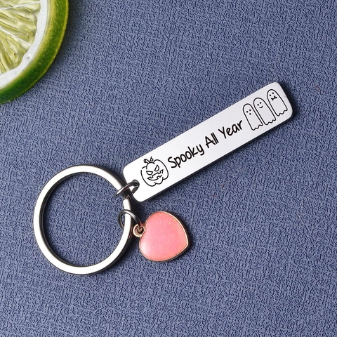 Spooky All Year Stainless Steel Keychain With Pink Glitter Heart Halloween Pumpkin Ghost Pendant Creative Cartoon Metal Keyring Gift