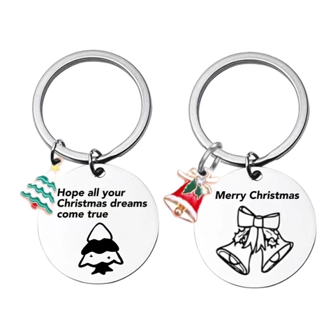 Portachiavi in Acciaio Inossidabile con Albero di Natale e Campana Pendente con Incisione Merry Christmas Regalo di Natale