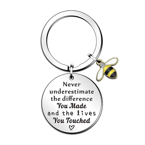Stainless Steel Bee Keychain Engraved Inspirational Quote Rhinestone Heart Charm Teacher Appreciation Graduation Gift