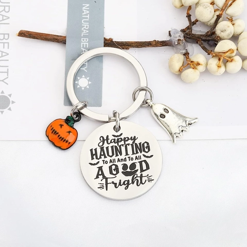 Roestvrij Staal Geest Pompoen Halloween Sleutelhanger Happy Haunting Letter Gegraveerd Metalen Sleutelring Feestcadeau