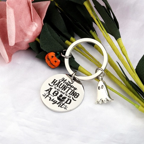 Roestvrij Staal Geest Pompoen Halloween Sleutelhanger Happy Haunting Letter Gegraveerd Metalen Sleutelring Feestcadeau