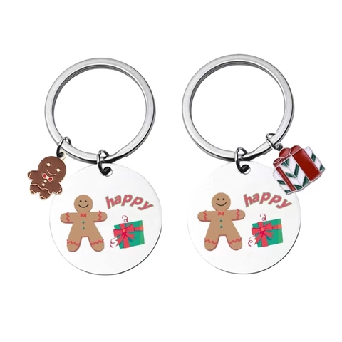 Portachiavi in Acciaio Inossidabile con Omino di Pan di Zenzero di Natale Ciondolo a Forma di Scatola Regalo per Coppie Amici