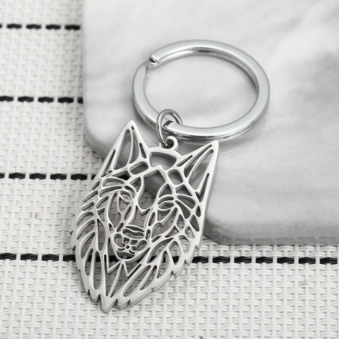 Geometrische Holle Wolfskop Roestvrijstalen Sleutelhanger Moderne Dieren Sleutelhanger Mannen Vrouwen Auto Sleutelring Gothic Sieraden Cadeau Zilver